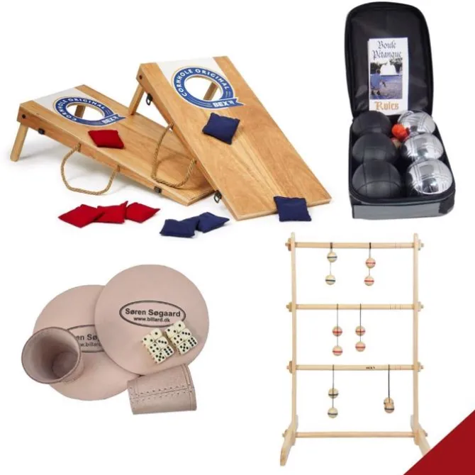 Havespil valuepack - Cornhole, stigegolf, petanque og raflesæt